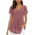 thumbnail image 1 of Staron Women Flowy Ruffle V Neck Short Sleeve Blouse Chiffon Pleated Casual Loose Tops Summer Fashion Tee, Hot Pink L, 1 of 6
