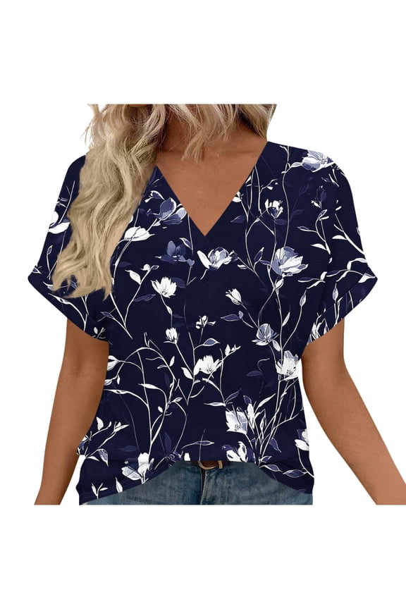 Women Flowy V Neck Short Sleeve Floral Boho Casual Loose Vacation Travel Tops Blouse, Navy XXL