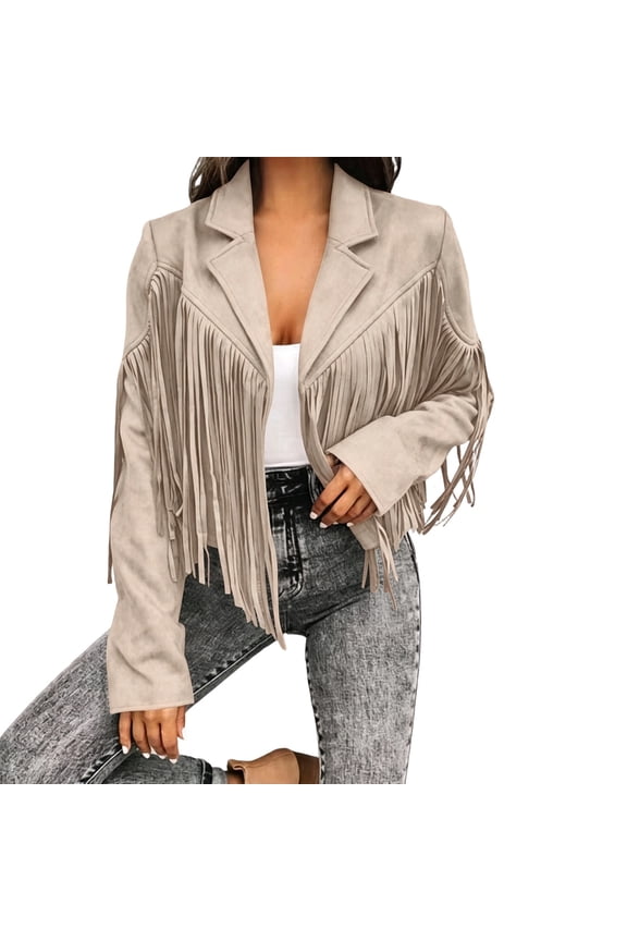Women Fringe Blazer Jacket Lapel Collar Long Sleeve Tassel Fringe Cropped Hem Open Front Casual Party Night Out Loose Vintage Boho Jacket, Beige M