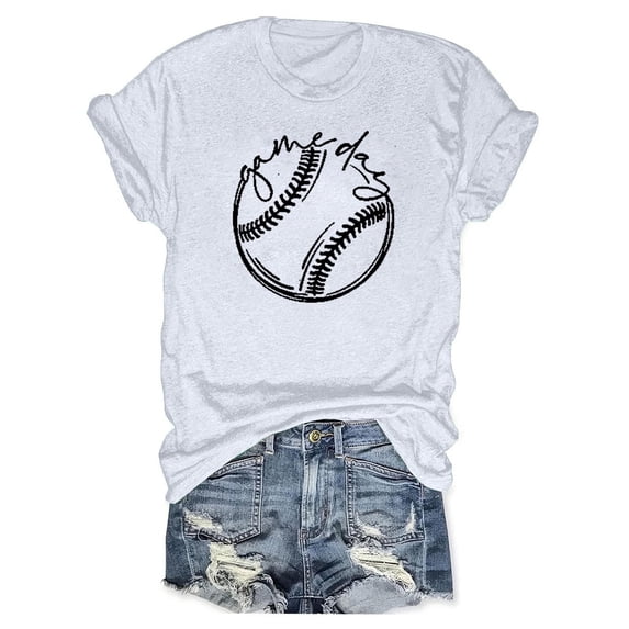 Staron Women Graphic Printed Baseball T-Shirt Round Neck Short Sleeve Casual Comfy Loose Game Day Letter Tee Top, White 3XL