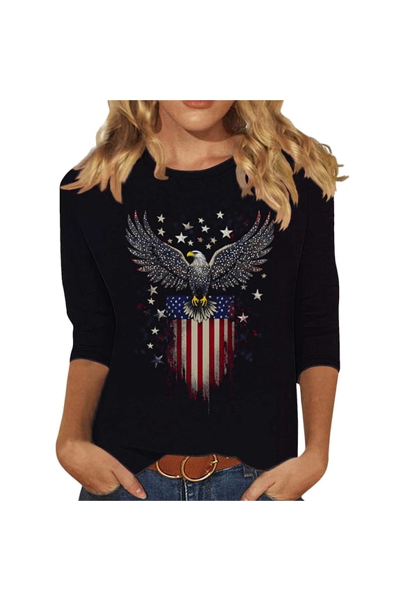 Women Graphic Round Neck 3/4 Sleeve Eagle American Flag Casual Trendy Comfy Holiday Loose Pullover Tops Tshirt, S