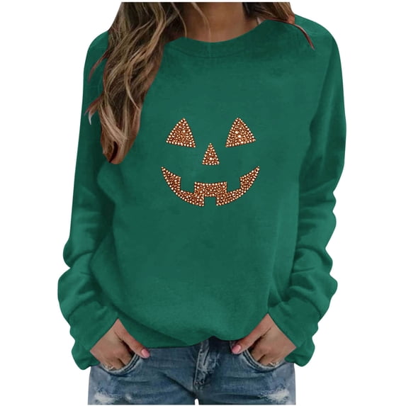 Staron Women Halloween Sweatshirt Rhinestone Sequin Round Neck Long Sleeve Graphic Casual Loose Party Pullover Top, Army Green M