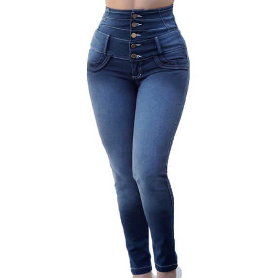Staron Women High Waisted Skinny Jeans Stretch Slim Pants Calf Length Casual Wide Waistband Five Button Fly, Blue S