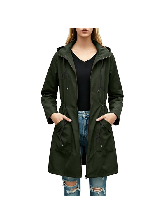 Women Hooded Zip V Neck Long Sleeve Waterproof Outdoor Jacket Casual Travel Vacation Loose Coat, Army Green XXL