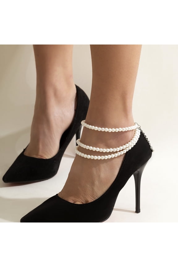 Women Imitation Pearl Anklet, Elegant Beaded Tassel Foot Chain, Adjustable Geometric Ankle Jewelry for High Heels