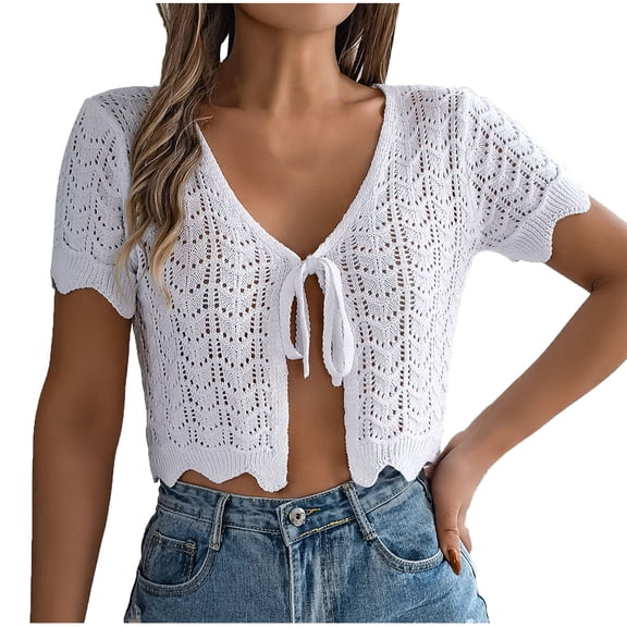 Staron Women Knitted Tie Front V Neck Short Sleeve Solid Boho Casual Vacation Beach Crop Top Hollowed Out Cardigan, White M