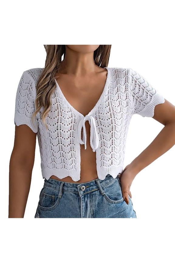 Women Knitted Tie Front V Neck Short Sleeve Solid Boho Casual Vacation Beach Crop Top Hollowed Out Cardigan, White M