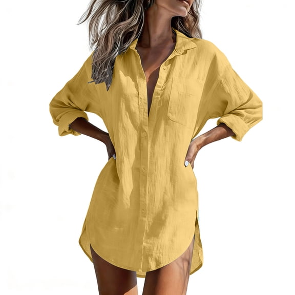 Staron Women Linen Button Down Collared 3/4 Sleeve Solid Casual Boho Vacation Beach Loose Oversized Shirt Blouse, Yellow M