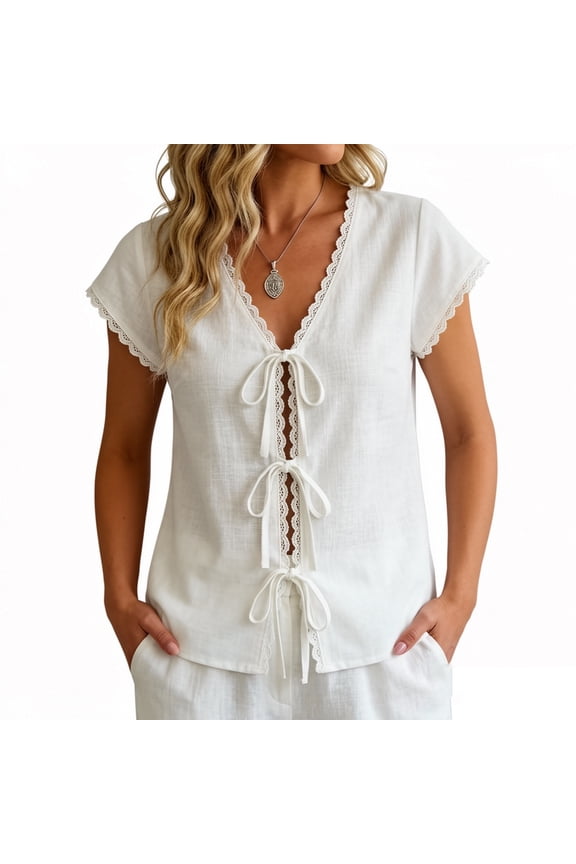 Women Linen Lace Trim Tie Front V Neck Short Sleeve Boho Casual Vacation Beach Loose Tops Blouse, White L