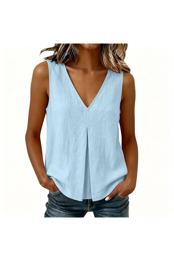 Women Linen Pleated V Neck Sleeveless Casual Basic Vacation Beach Loose Tank Tops Blouse, Blue M