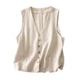 thumbnail image 1 of Staron Women Linen Vest Tank Top V Neck Sleeveless Solid Casual Basic Button Down Loose Fit Summer Tops, Beige M, 1 of 7