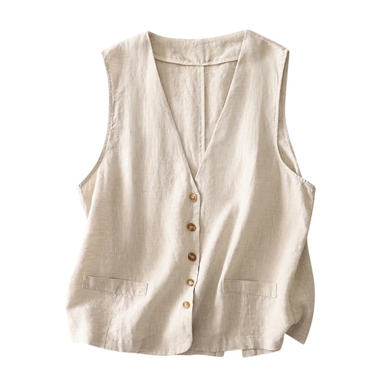 Staron Women Linen Vest Tank Top V Neck Sleeveless Solid Casual Basic Button Down Loose Fit Summer Tops, Beige M
