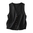 thumbnail image 1 of Staron Women Linen Vest Tank Top V Neck Sleeveless Solid Casual Basic Button Down Loose Fit Summer Tops, Black XXL, 1 of 7