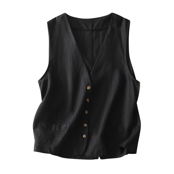 Staron Women Linen Vest Tank Top V Neck Sleeveless Solid Casual Basic Button Down Loose Fit Summer Tops, Black XXL