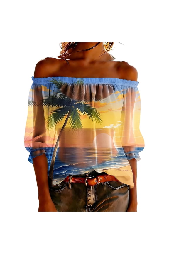 Women Off Shoulder Puff Sleeve Graphic Boho Casual Vacation Beach Loose Tops Blouse, Light Blue L