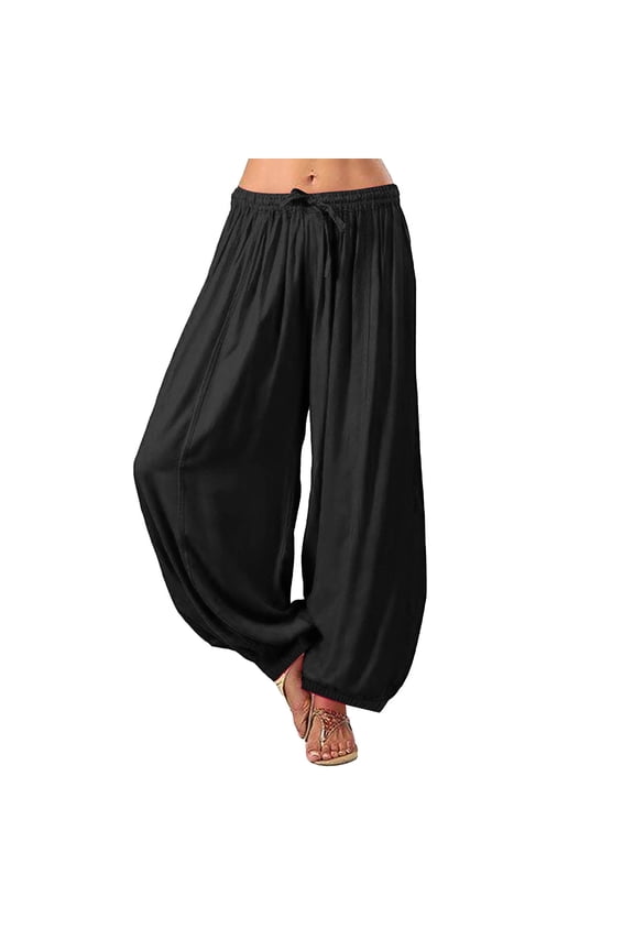 Women Plus Size Casual Loose Harem Pants Yoga Trousers Solid Color Bohemian Comfy Elastic Waist with Pockets, Black 3XL