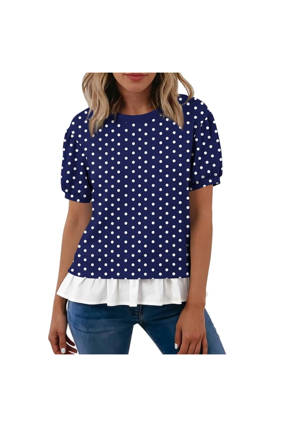 Women Puff Sleeve Ruffle Round Neck Short Sleeve Polka Dot Casual Cute Vacation Beach Loose Tops Blouse, Navy XXL
