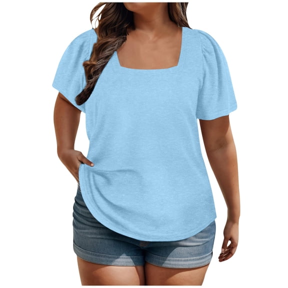 Staron Women Puff Sleeve Square Neck Short Sleeve Solid Basic Casual Vacation Beach Loose Tops Blouse Plus Size Top, Blue XL