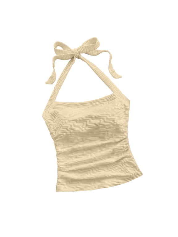 Women Ruched Halter Sleeveless Crop Top Solid Casual Trendy Beach Vacation Holiday Slim Tank Tops, Beige S
