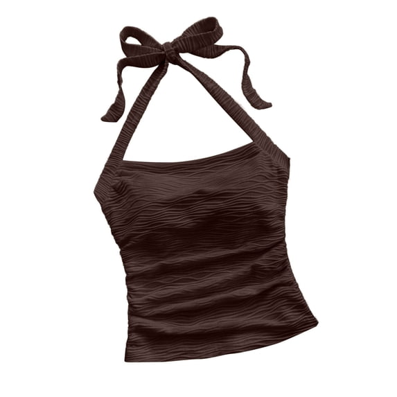 Staron Women Ruched Halter Sleeveless Crop Top Solid Casual Trendy Beach Vacation Holiday Slim Tank Tops, Brown M