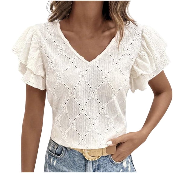 Staron Women Ruffle Eyelet V Neck Short Sleeve Boho Casual Vacation Beach Slim Top Blouse, White XL