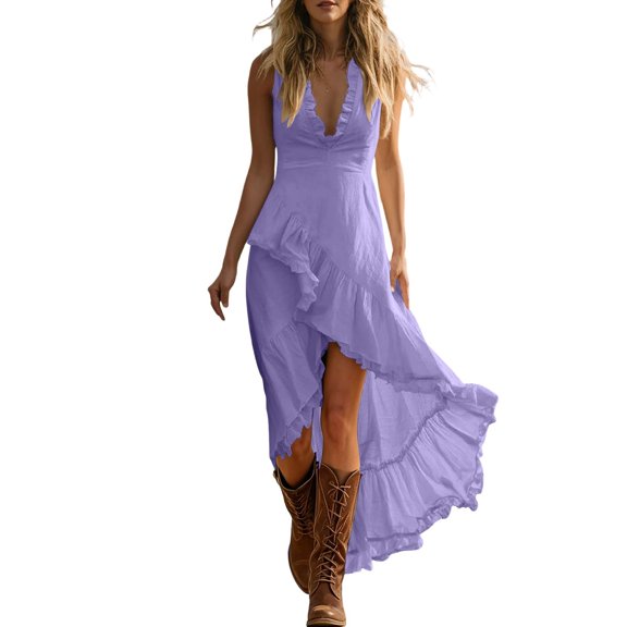 Staron Women Ruffle Flowy Asymmetrical High Low Slit Hem Sleeveless Deep V Neck Maxi Dress Boho Casual Beach Vacation Sundress Summer Hollowed Out Midi Dress, Purple S