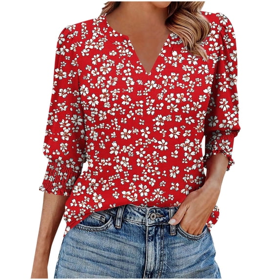 Staron Women Ruffle V Neck 3/4 Sleeve Floral Casual Blouse Fashion Vacation Beach Loose Tops Printed Summer Blouse, Red XXL