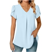 Staron Women Ruffle V Neck Short Sleeve Tops Casual Summer Blouse Loose Fit Cute Solid Fashion Tunic Tee, Light Blue M