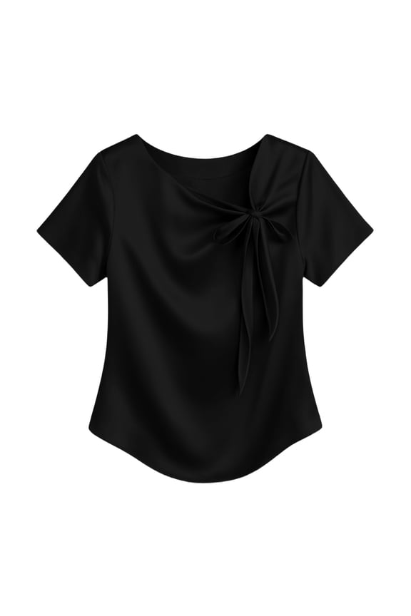 Women Satin Tie Front O Neck Short Sleeve Elegant Casual Loose Blouses Tops Summer French Bow Top, Black L