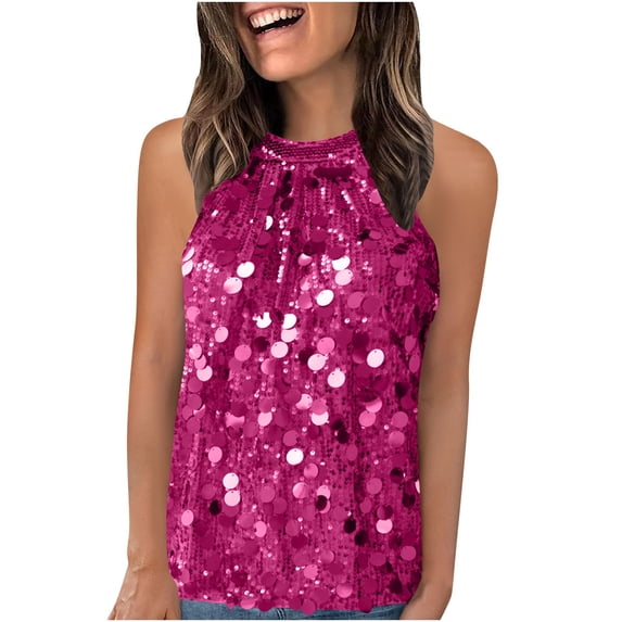 Staron Women Sequins Tank Top High Neck Sleeveless Solid Party Cocktail Night Out Club Tight Fitted Casual Fashion Tops, Hot Pink S
