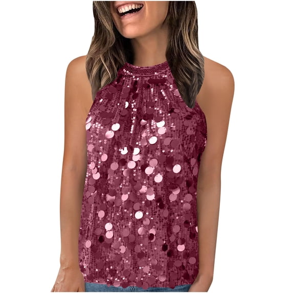 Staron Women Sequins Tank Top High Neck Sleeveless Solid Party Cocktail Night Out Club Tight Fitted Casual Fashion Tops, Wine XXL