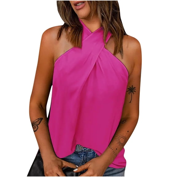 Staron Women Sleeveless Wrap Halter Tops Hollow Out V Neck Casual Loose Blouse Beach Vacation Summer Tunic, Hot Pink M