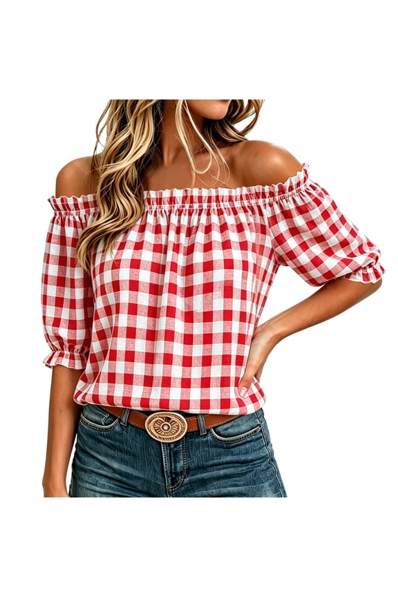 Women Smocked Ruffle Off Shoulder Puff Sleeve Plaid Casual Boho Tops Blouse Vacation Beach Holiday Loose Elastic Short Sleeve Fashion Tunic, Red XXL