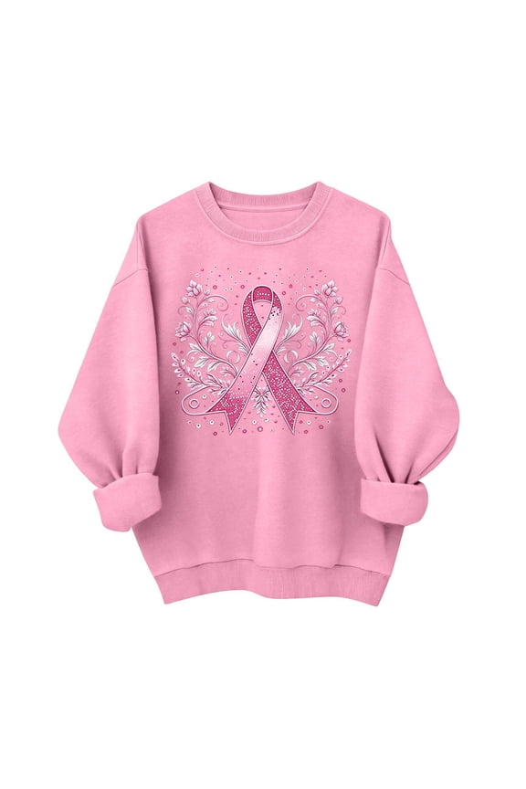 Women Sweater Soft Lightweight Round Neck Long Sleeve Floral Graphic Pink Ribbon Casual Comfy Oversized Printed Top, Pink L