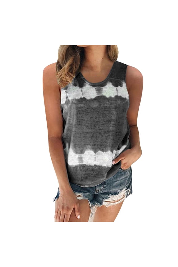 Women Tie Dye Tank Tops Sleeveless Round Neck Casual Boho Beach Vacation Loose Summer Tops, Black XXL
