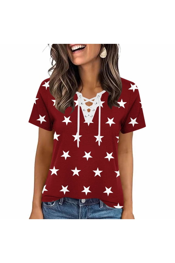 Women Tie Front V Neck Short Sleeve Stars Casual Fashion Vacation Holiday Beach Slim Tops Tshirt Blouse, Red S