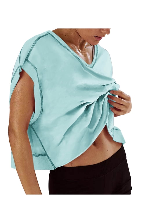 Women Wrap V Neck Sleeveless Crop Top Backless Casual Workout Tee Open Back Athletic Yoga Gym Shirt, Light Blue S