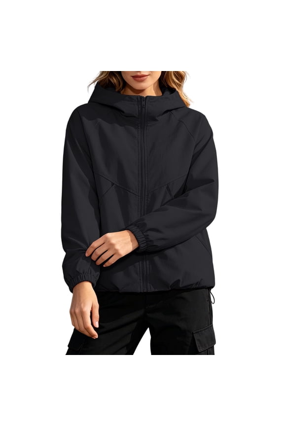 Women Zip Hooded Jacket High Neck Long Sleeve Smocked Cuffs Solid Casual Loose Travel Workout Windproof Jacket, Black M