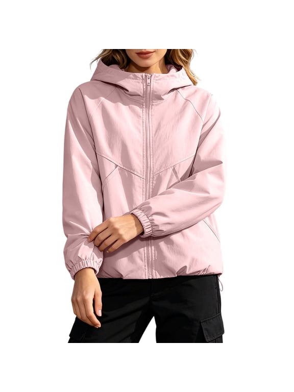 Women Zip Hooded Jacket High Neck Long Sleeve Smocked Cuffs Solid Casual Loose Travel Workout Windproof Jacket, Pink XXL