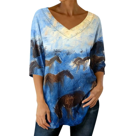 Staron Women's 3/4 Sleeve V-Neck Pullover Casual Loose-Fitting Printed Top Boho Floral Blouse Shirt, M
