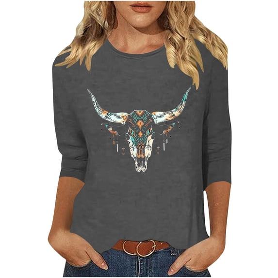 Staron Women's 3/4 Sleeve Western Print Casual T-Shirt Round Neck Loose Fit Fashion Top, Gray L