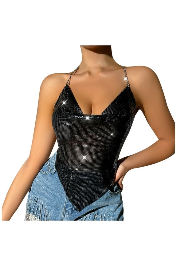 Women's Backless Metallic Chain Halter Sequin Camisole Top Long Sleeve Round Neck Casual Party Blouse, Black M