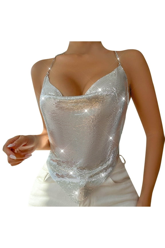 Women's Backless Metallic Chain Halter Sequin Camisole Top Long Sleeve Round Neck Casual Party Blouse, Silver M