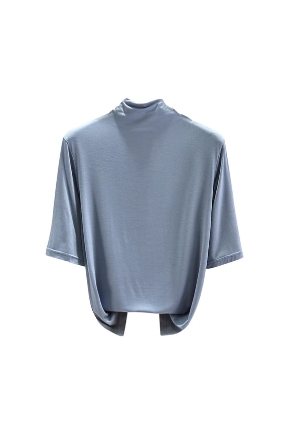 Women's Basic Casual High Neck Five-Quarter Sleeve Solid Color Tops Blouse Shirt, Light Blue M