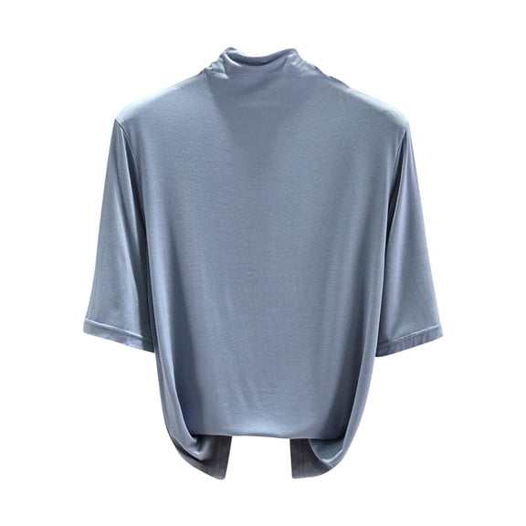 Staron Women's Basic Casual High Neck Five-Quarter Sleeve Solid Color Tops Blouse Shirt, Light Blue M