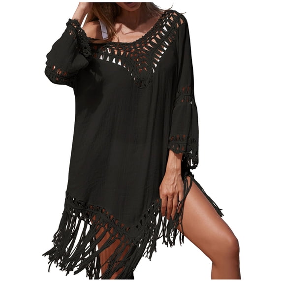 Staron Women's Beach Crochet Coverup Tassel Hollow Out Loose Casual Button Shirt Dress Swimsuit Bikini Cover Up, Black FREE SIZE