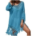 thumbnail image 1 of Staron Women's Beach Crochet Coverup Tassel Hollow Out Loose Casual Button Shirt Dress Swimsuit Bikini Cover Up, Blue FREE SIZE, 1 of 5