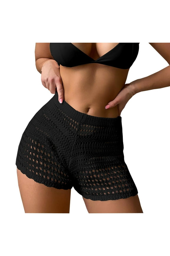 Women's Beach Shorts Vacation Casual Pants with Elastic Waist Solid Color Cover Up Bikini Shorts, Black S