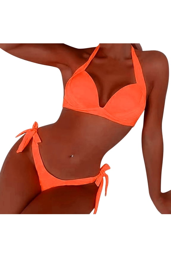 Women's Bikini Set Halter Neck Push Up Padded Two Piece Swimsuit High Cut Solid Color Beach Vacation Swimwear, Orange M