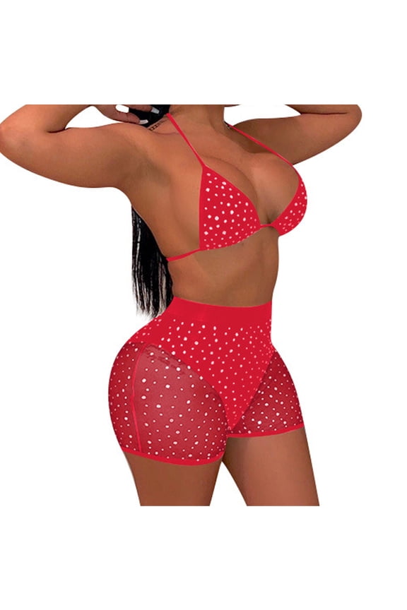 Women's Bikini Set Mesh Sequin High Cut Shorts Push Up Pad Swimwear Swimsuit Beachwear Vacation Pool Party, Red XXL